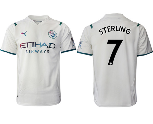 Men's Manchester City #7 Raheem Sterling 2021/22 White Away Soccer Jersey